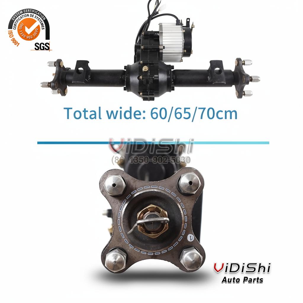 48V 1000W brushless rear drive axle with center differential housing and finned motor shown on white
