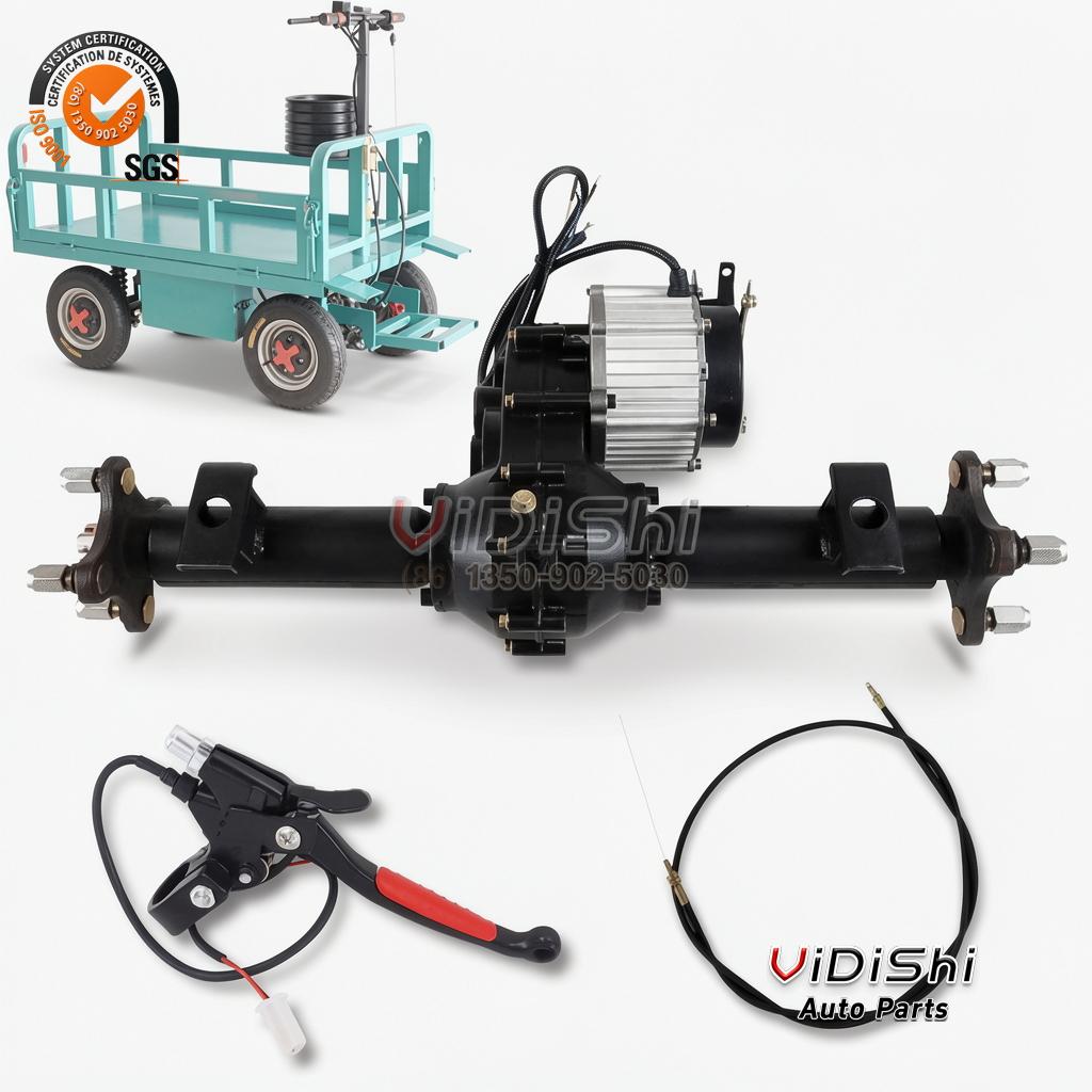 48V 1000W Brushless Rear Axle for Electric Tricycle IP54 4 Composite image showing total width options above a four-stud hub flange with cotter pin axle nut
