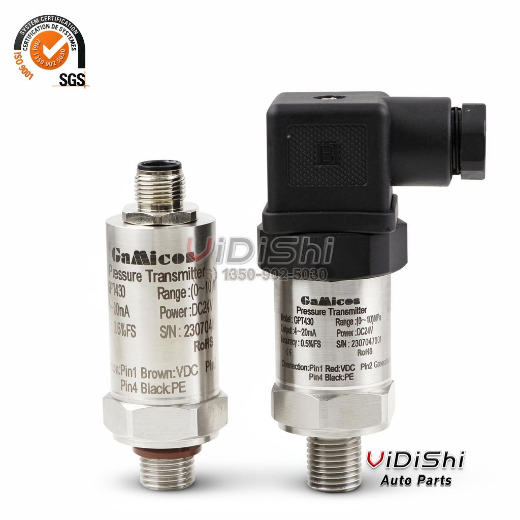Two pressure transducers with stainless bodies and black connectors