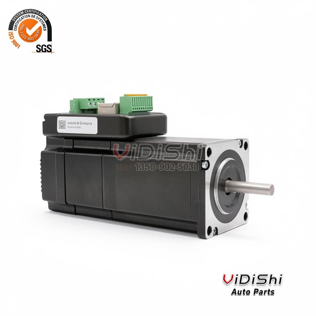 Integrated stepper motor with the drive module on top and shaft out