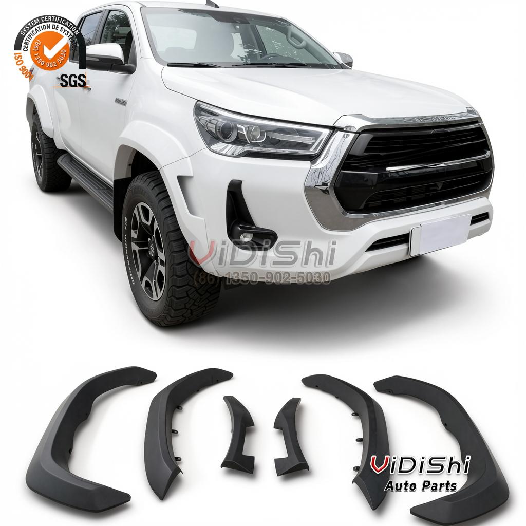 Fender Flares for Toyota Hilux Revo 2016 PP Wheel Arch GR Style Set 2 Complete PP fender flare set for Hilux Revo laid out with clips