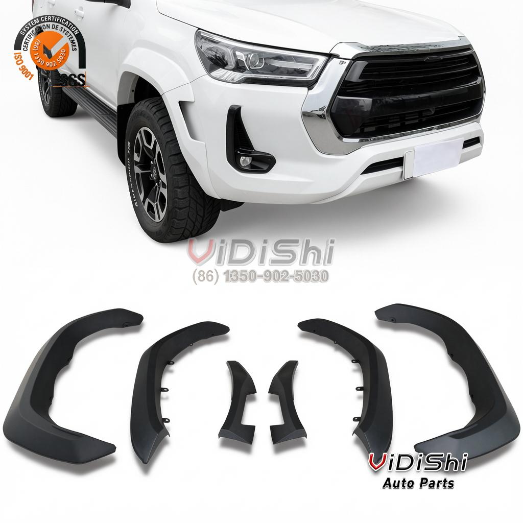 Fender Flares for Toyota Hilux Revo 2016 PP Wheel Arch GR Style Set 1 Hilux Revo with PP fender flare set installed, front three-quarter view