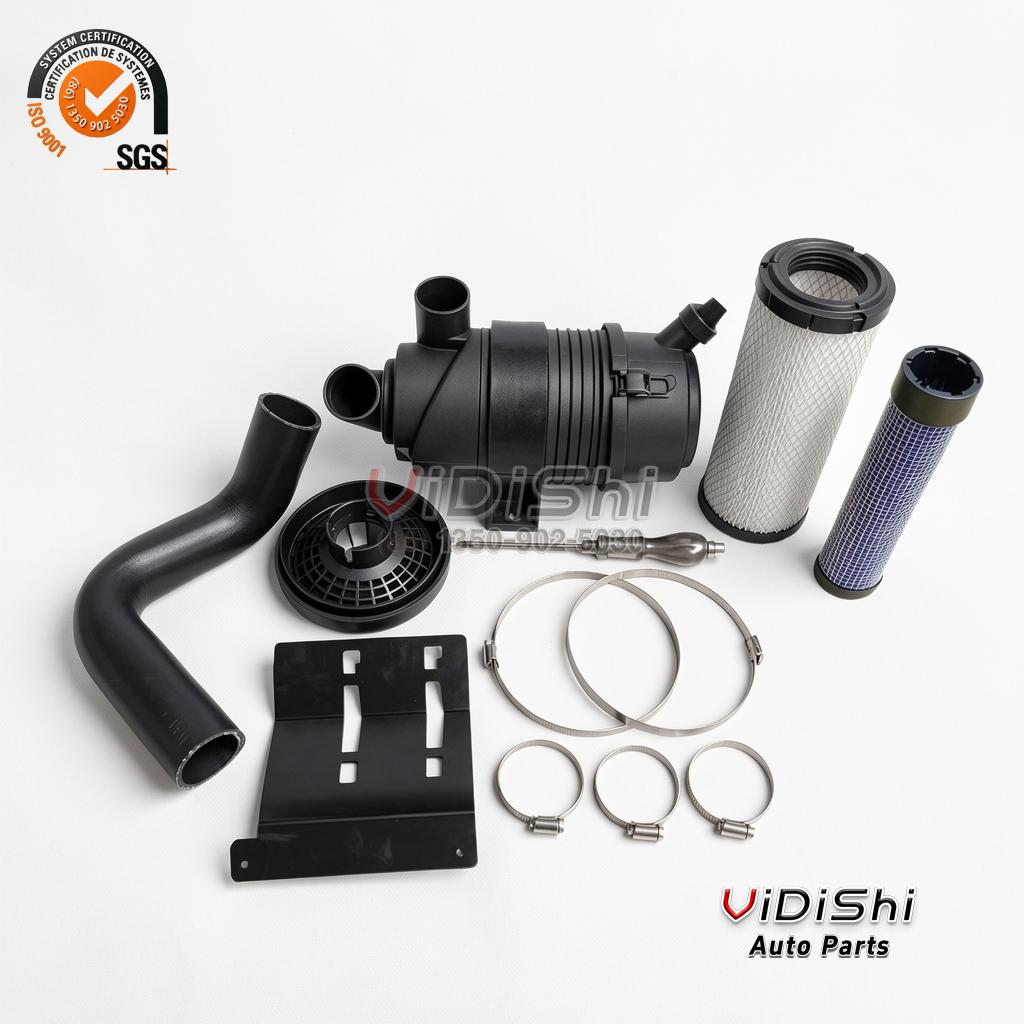 Air filter assembly with curved intake hose, canisters and clamps