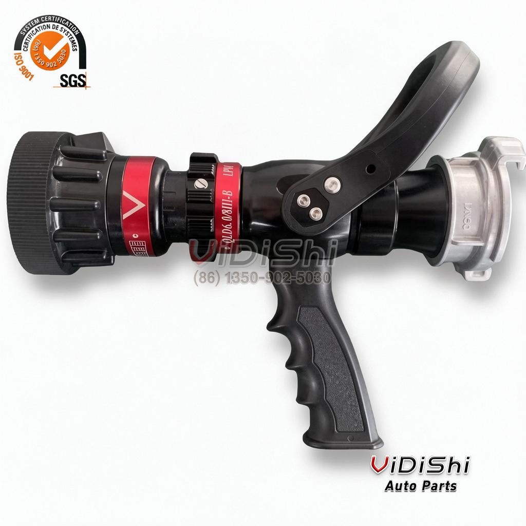 VDS-FN475-BSC Fire hose nozzle with a coupling on the inlet photographed at a three-quarter angle