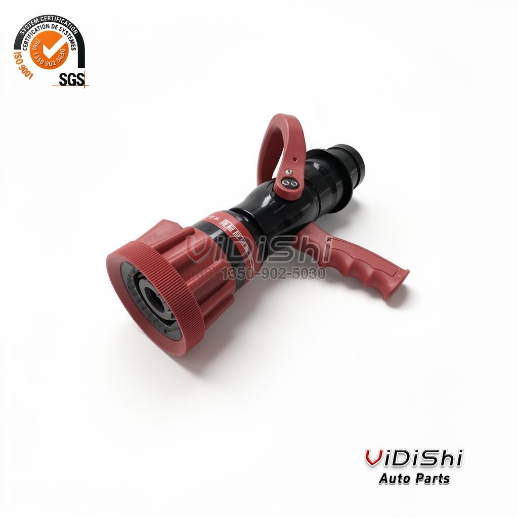 VDS-FN475-BSP Fire hose nozzle with a red and black body photographed at a three-quarter angle