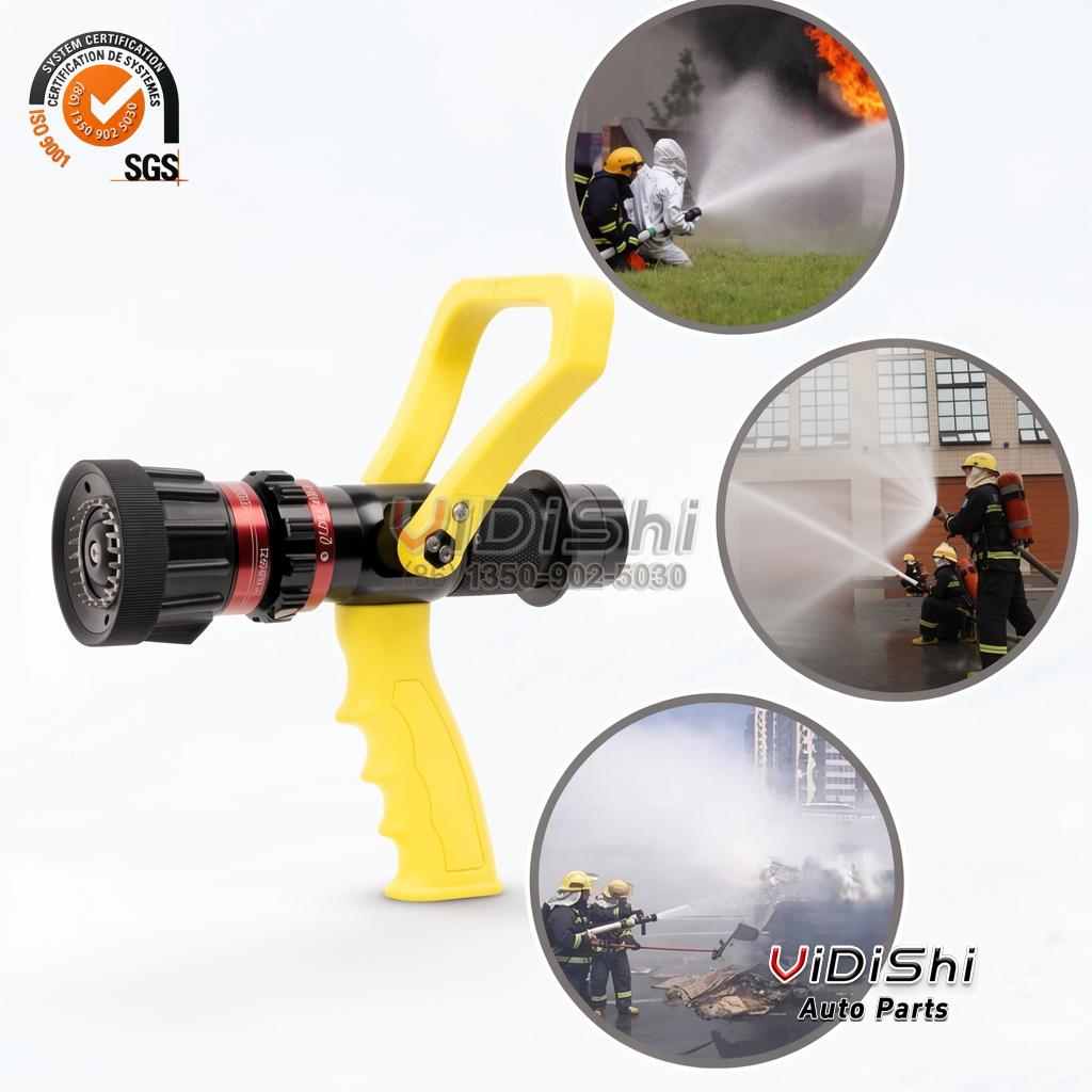 All Products 7 VDS-FN475-BSP Nozzle with a yellow grip beside three circular inset frames of it spraying under pressure