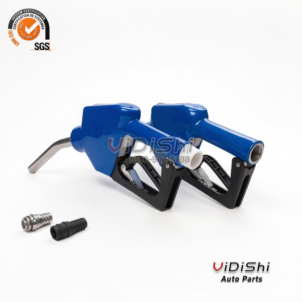 All Products 5 VDS-UREA-NOZ-SS Two blue automatic dispensing nozzles side by side with stainless spouts pointing left