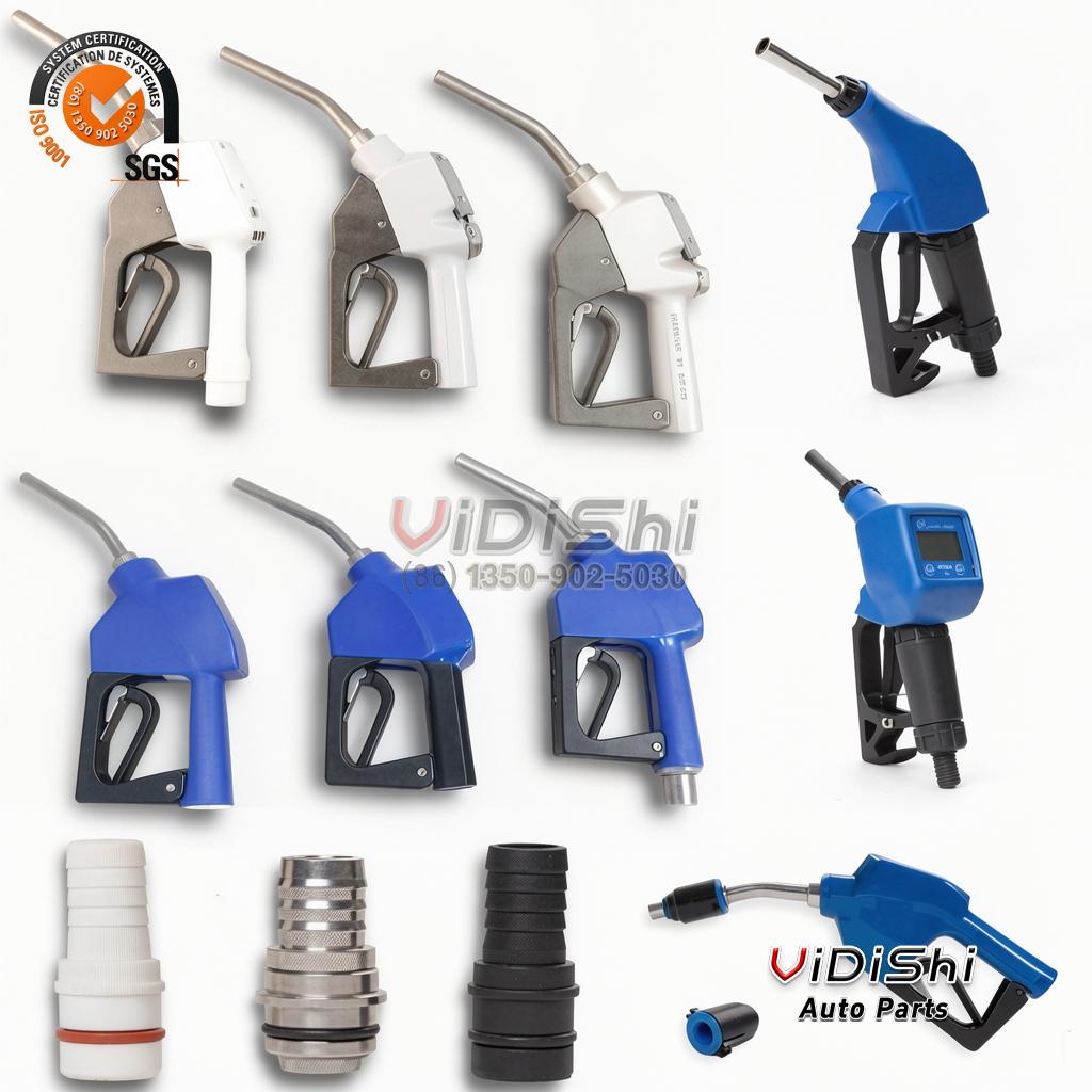 VDS-UREA-NOZ-SS Range of automatic dispensing nozzles in blue, silver and grey above hose end fittings