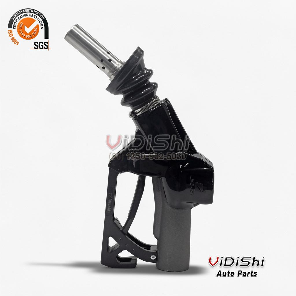 VDS-VRQ3-85M-NOZ Black dispensing nozzle standing upright with the spout and recovery bellows at the top