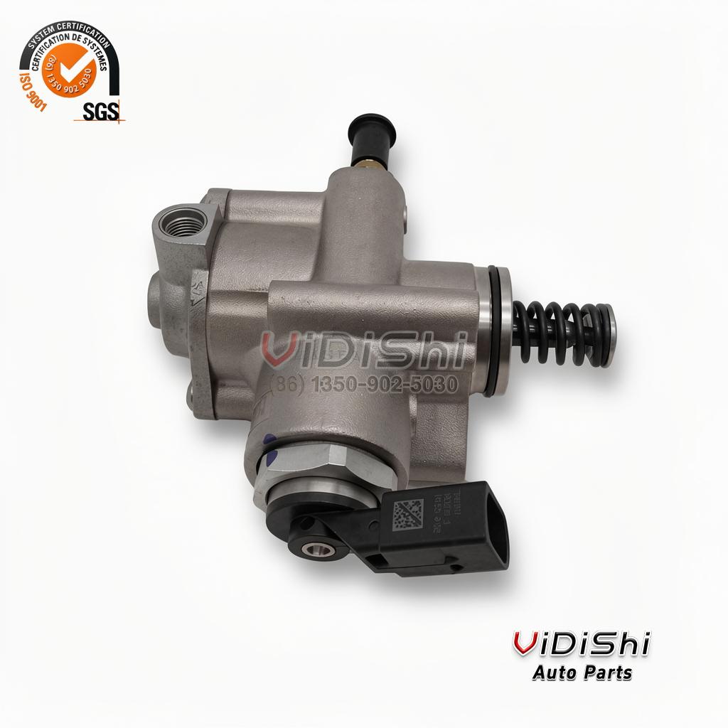 06F127025M high-pressure fuel pump for 2.0 TFSI, front view showing the cam follower spring and electrical connector