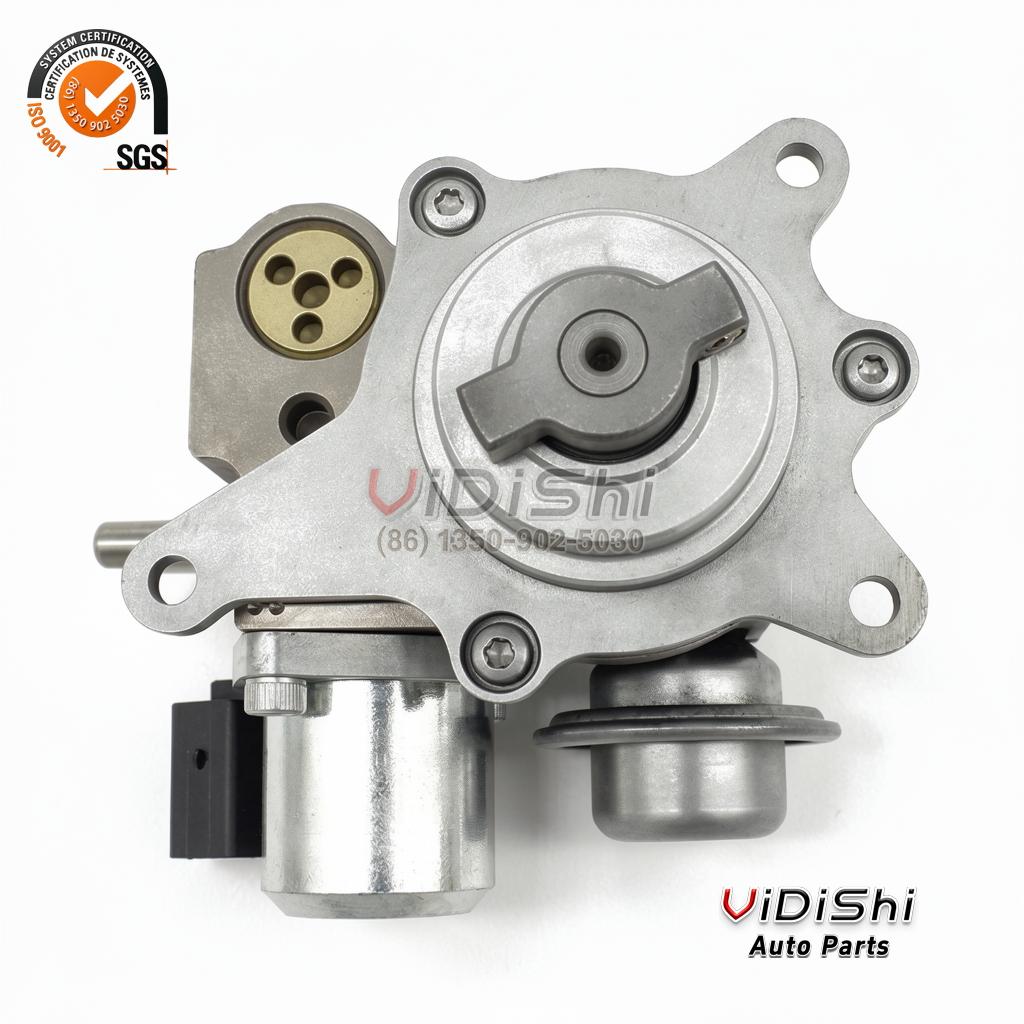 BMW high-pressure fuel pump 13517573436, top view showing the cam follower and volume control valve