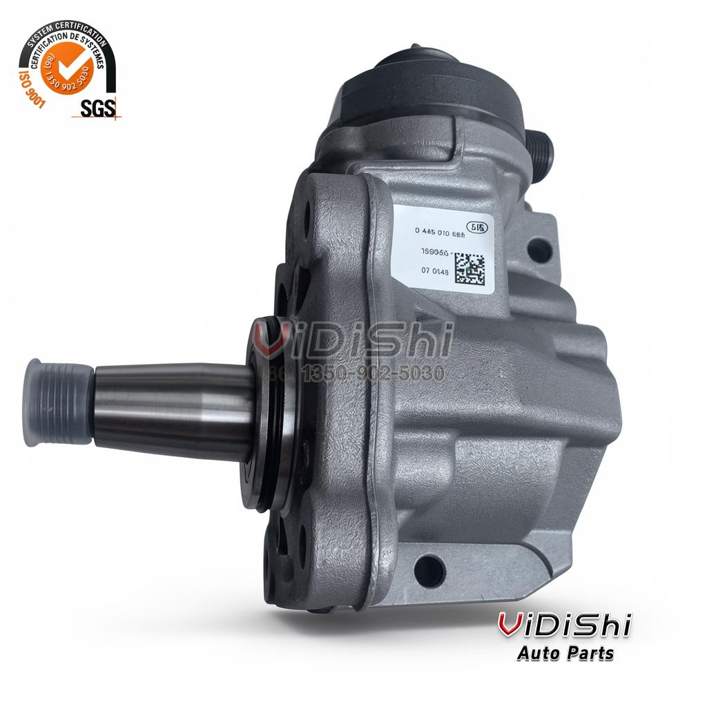 All Products 9 Side of the CP4 fuel pump with the printed data label, QR code and capped drive shaft