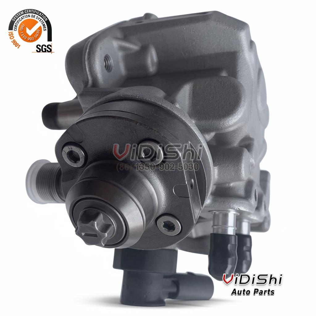 CP4 high-pressure diesel fuel pump 0445010685, three-quarter view showing the fuel inlet fitting and drive shaft