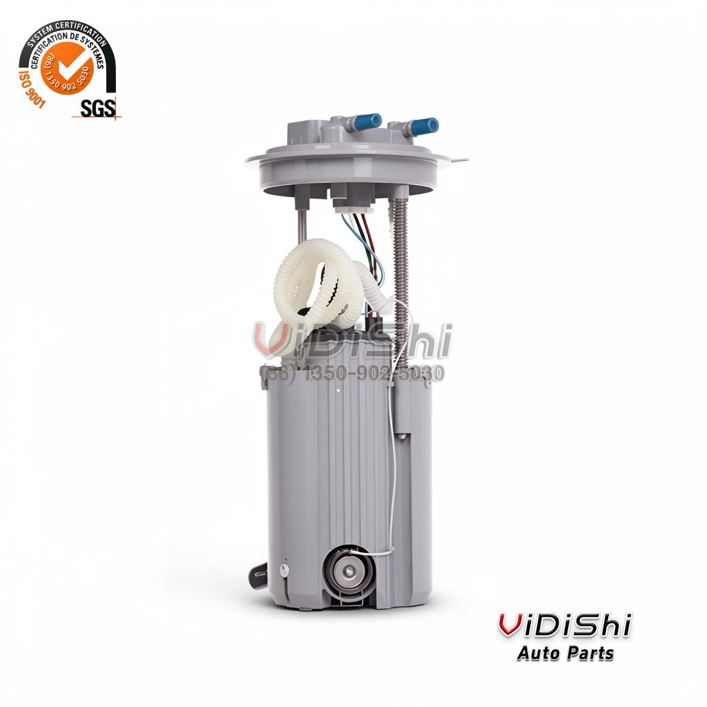 Chevrolet Captiva in-tank fuel pump module 96830395, front view showing the reservoir, hoses and sender