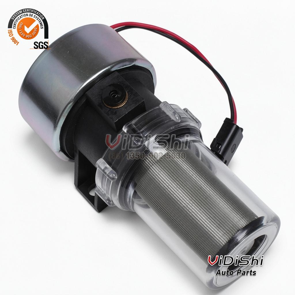 41-7059 12V electric diesel fuel pump, front view showing the motor and clear sediment bowl with mesh strainer