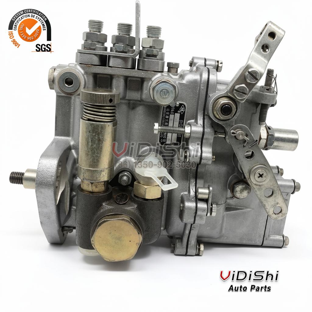 BH3Q75R8 inline diesel injection pump, front view showing the four delivery valves and governor