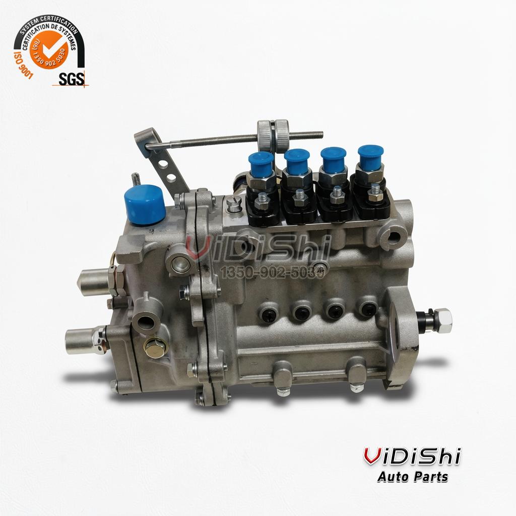 BH4Q85R8 four-cylinder inline diesel injection pump, front view showing the four delivery valves and governor