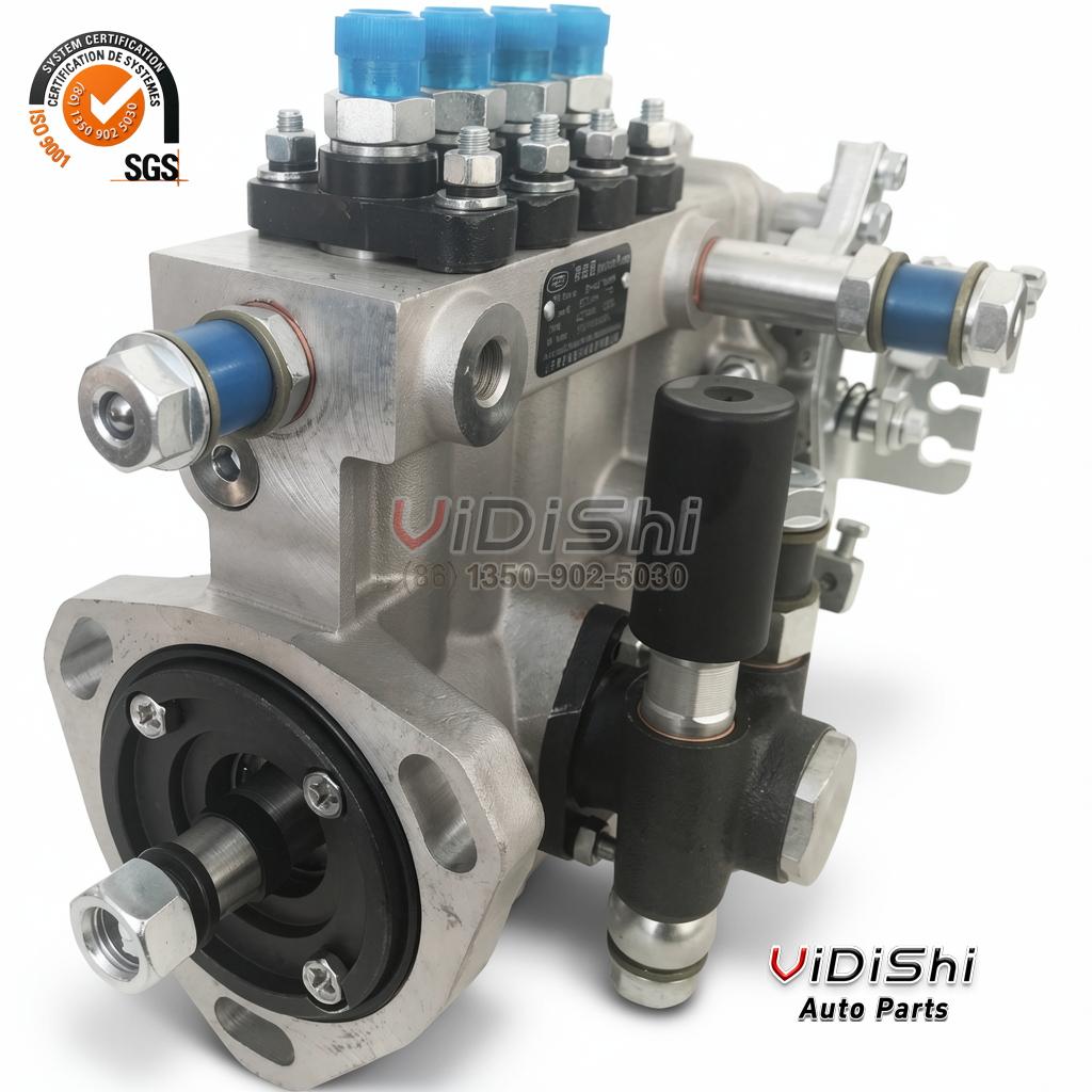 BH4QT95R9 four-cylinder inline diesel injection pump, front view showing the four delivery valves and drive flange