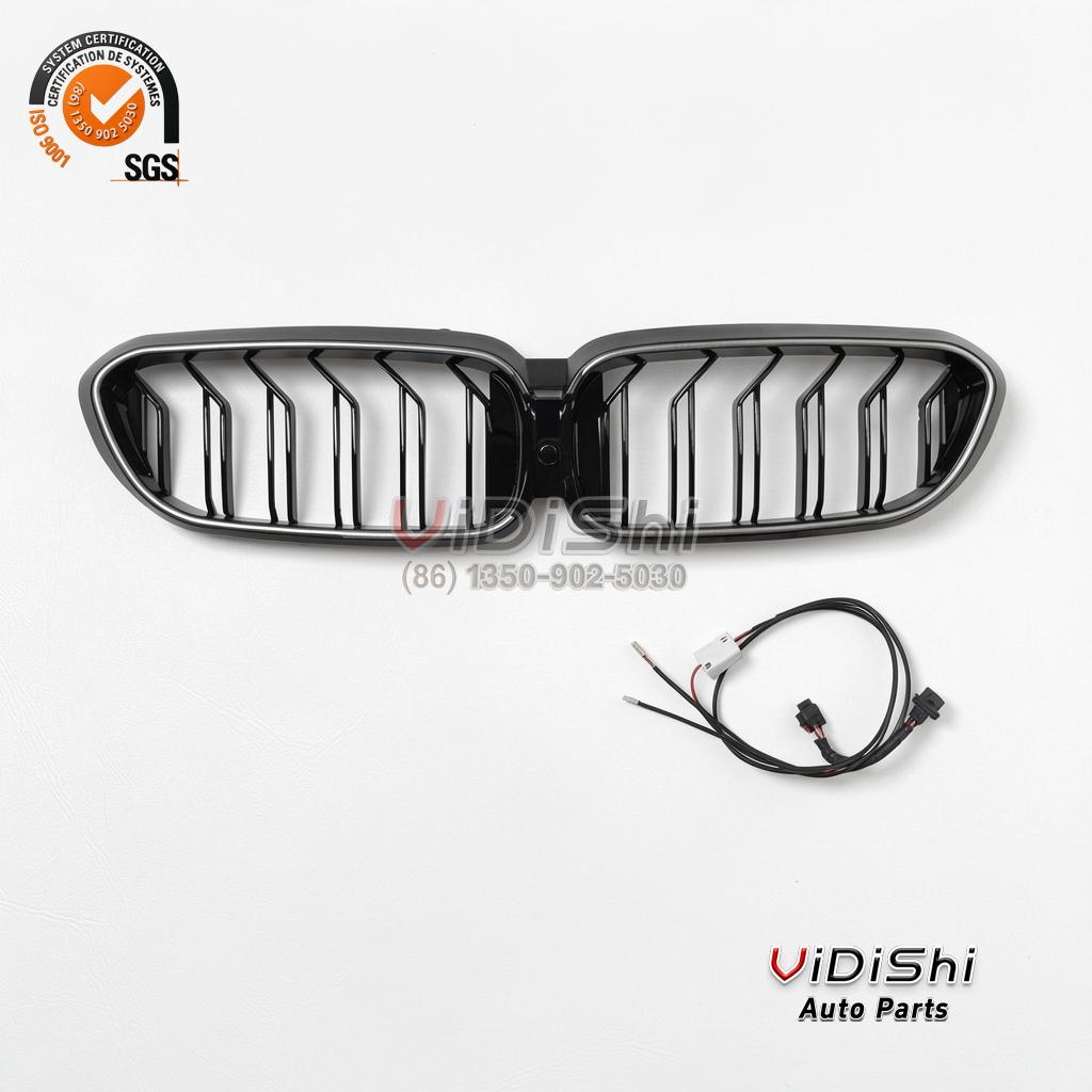 Illuminated Grille for BMW 5 Series G30 Double Line ABS Harness 5 G30 grille three-quarter view with harness