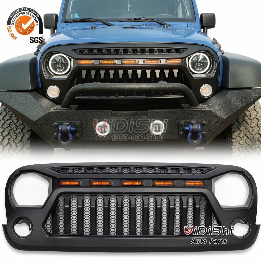 Front Grille for Jeep Wrangler JK 2013-2017 Black ABS SKJK-001 1 JK front grille installed on a blue Jeep Wrangler
