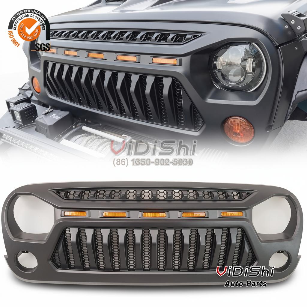 Front Grille for Jeep Wrangler JK 2013-2017 Black ABS SKJK-001 2 Close view of the installed JK grille with LED bar