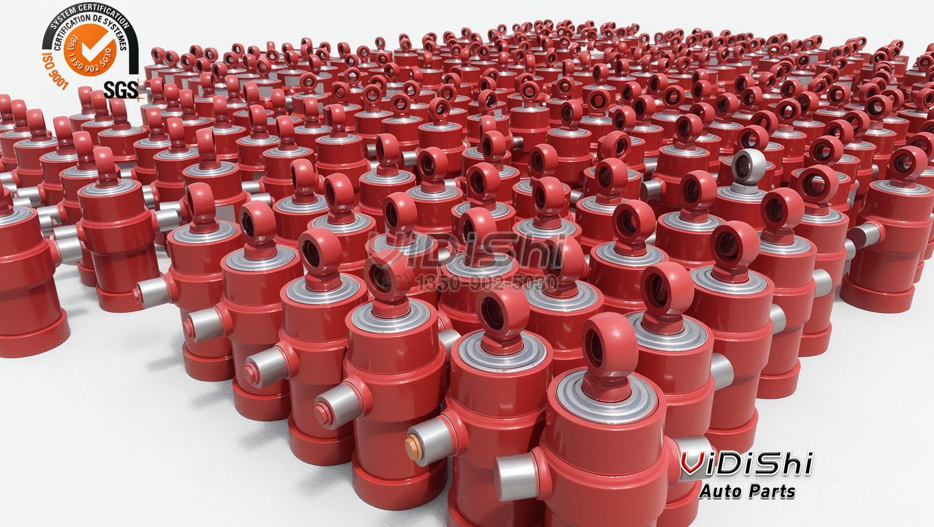 CC-TELE-CYL - Rows of red telescopic hydraulic cylinders stored in a warehouse
