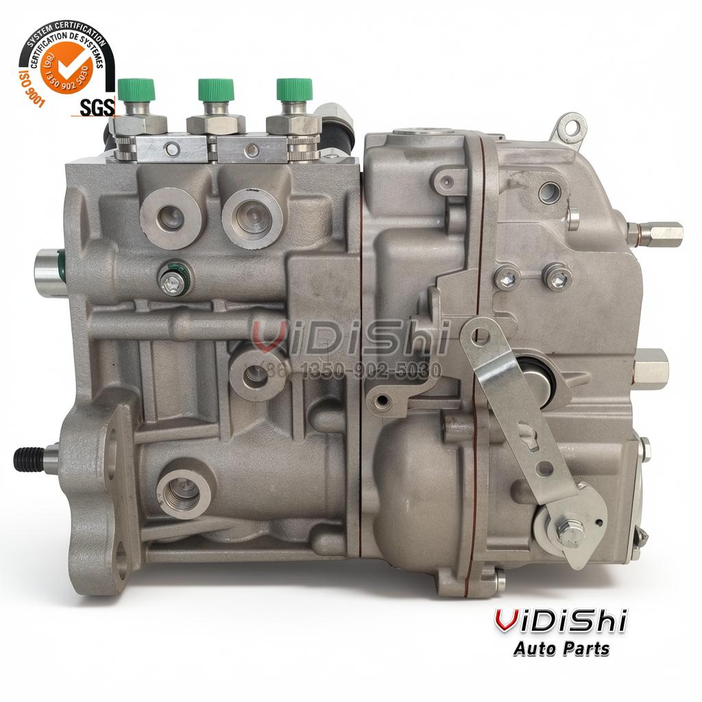 02232387 inline fuel injection pump on its side, three green capped delivery valves on the top rail