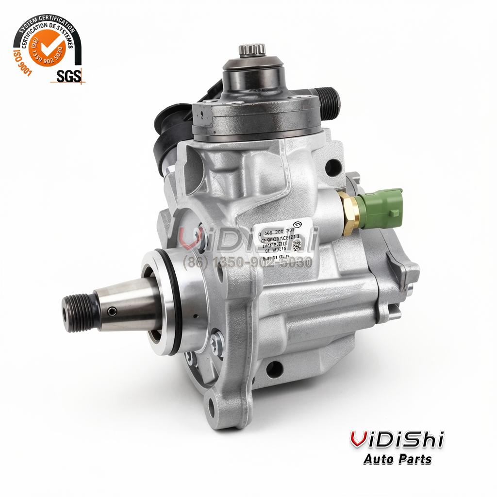 0445020539 common rail fuel pump, three-quarter view of the cast body with a white data label and a green side connector