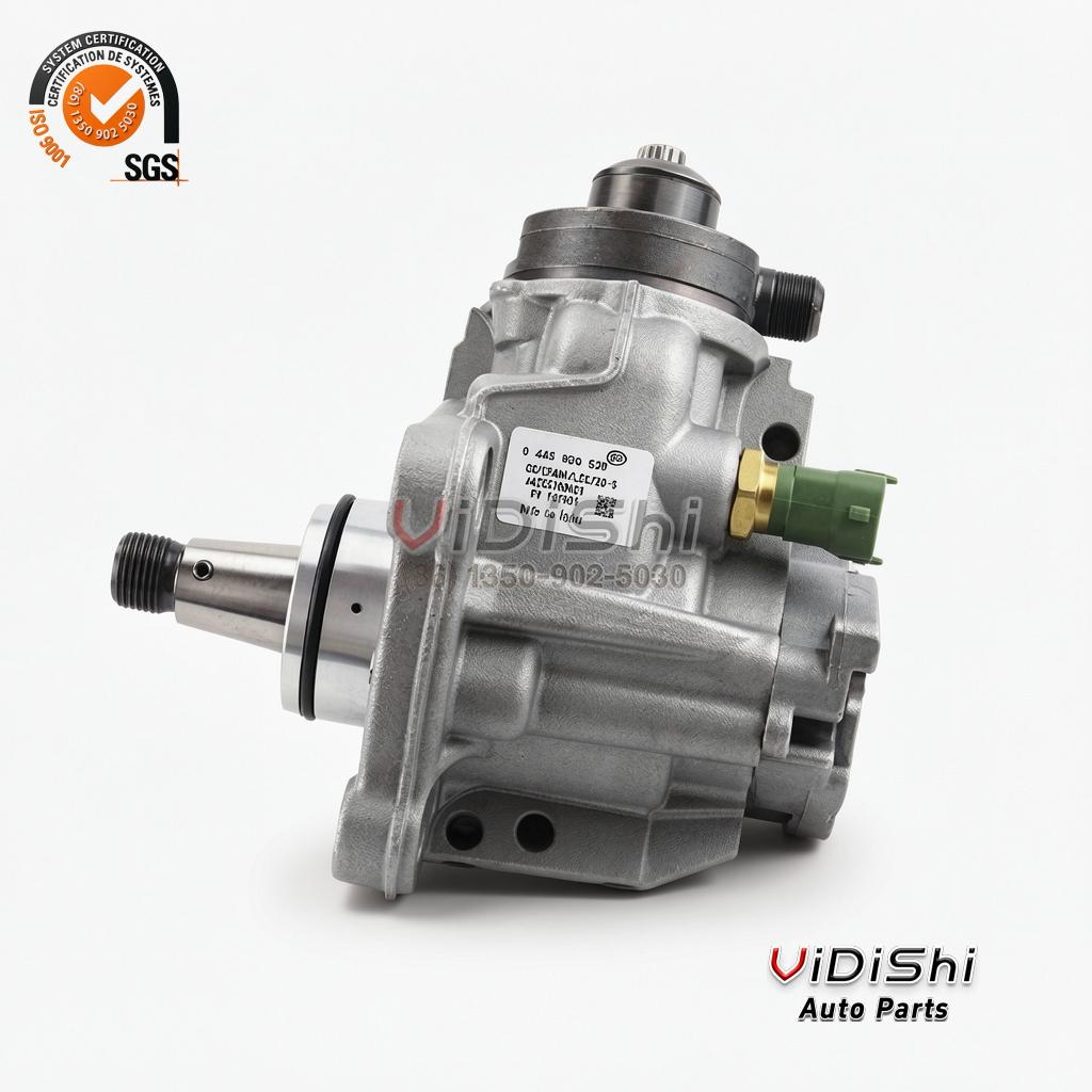 0445020539 CP4 High Pressure Common Rail Fuel Pump for Mercedes Diesel 2 0445020539 pump flank with the white label reading 0 445 020 539 above a type designation line, green connector alongside