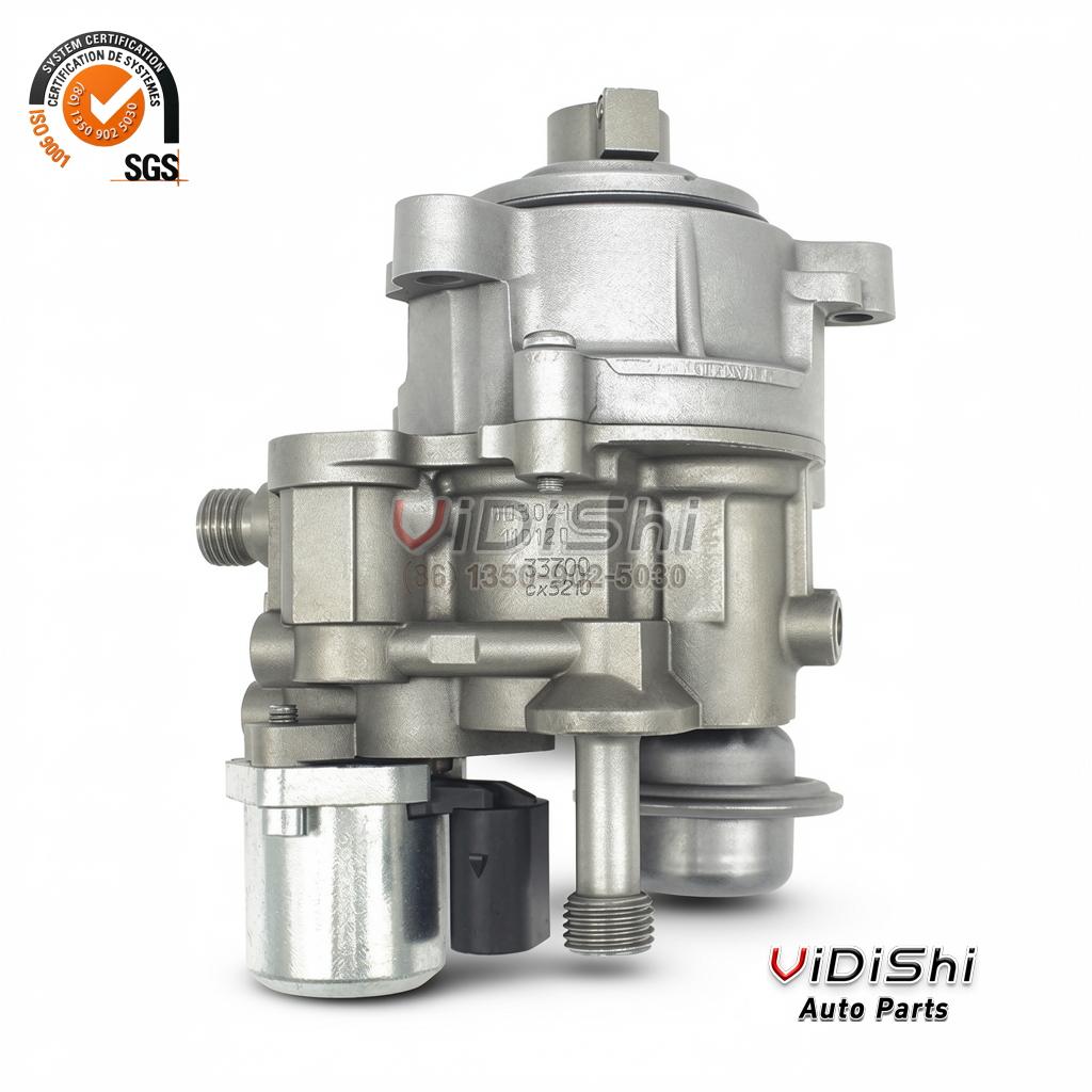 13517616170 high pressure fuel pump upright, cast aluminium body flank, black electrical connector and threaded ports below