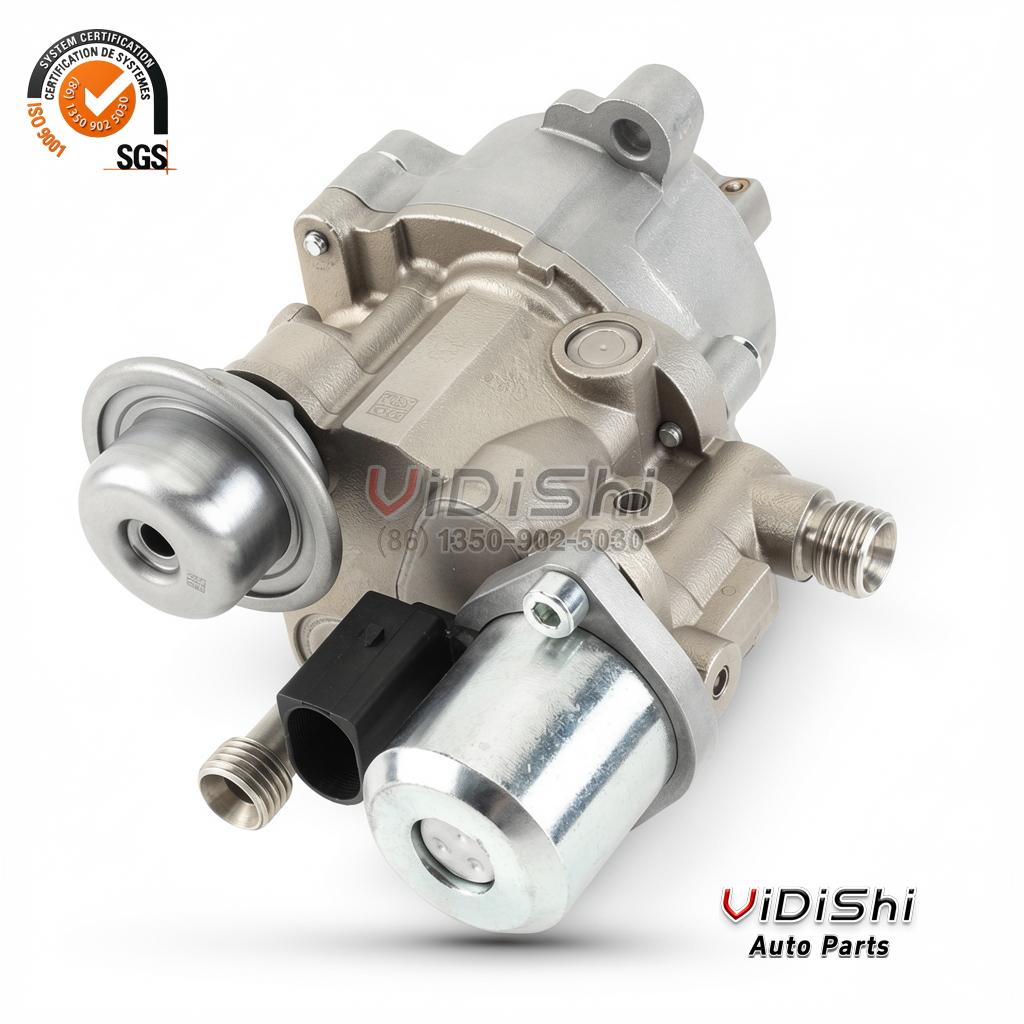 13517616170 HPFP for BMW N54 N55 3.0L Turbo 5 13517616170 pump on its side: bright machined valve cylinder, black connector socket and threaded union at the right