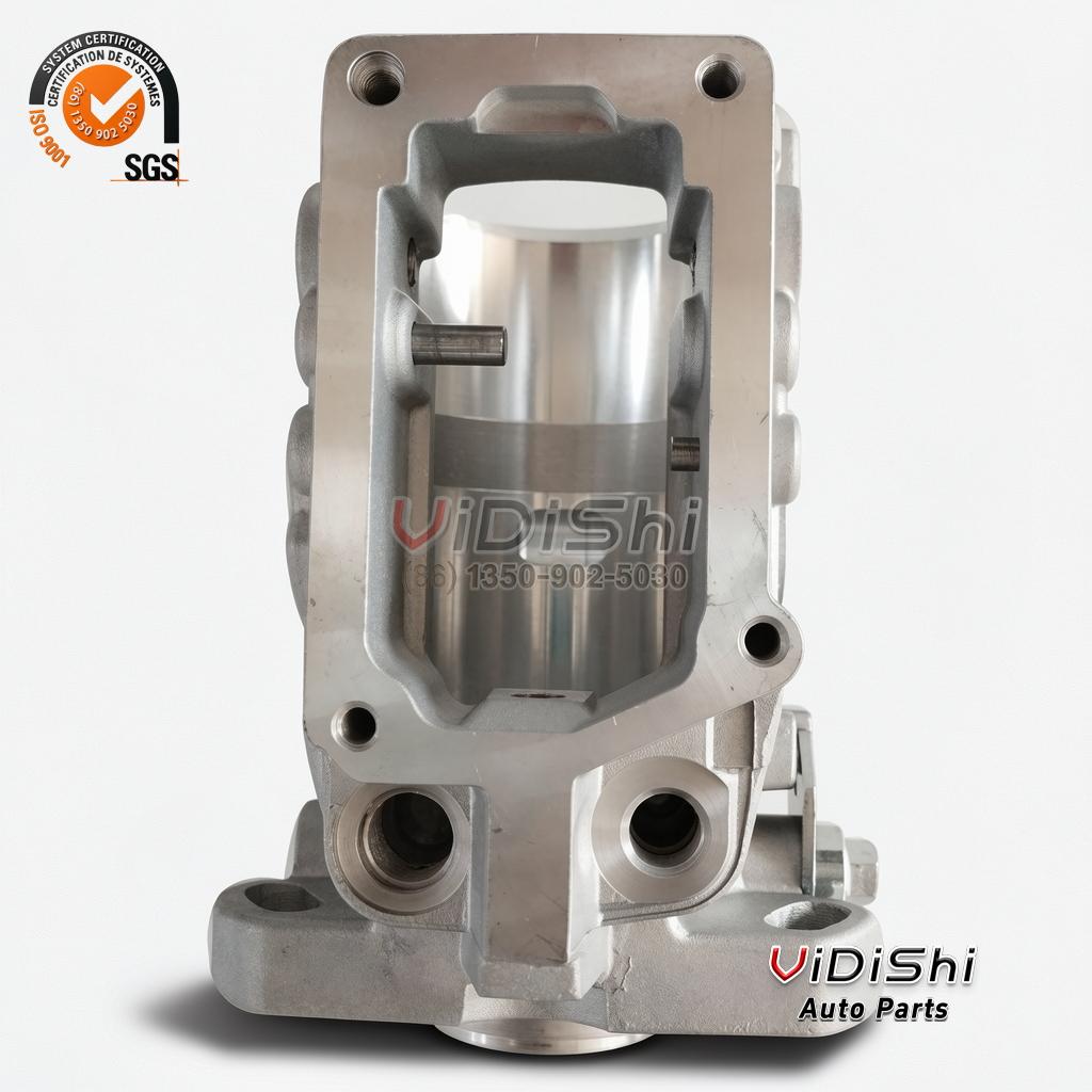 1465130991 VE pump housing, open end showing the empty machined rotor chamber, two bolt holes above and fuel ports below