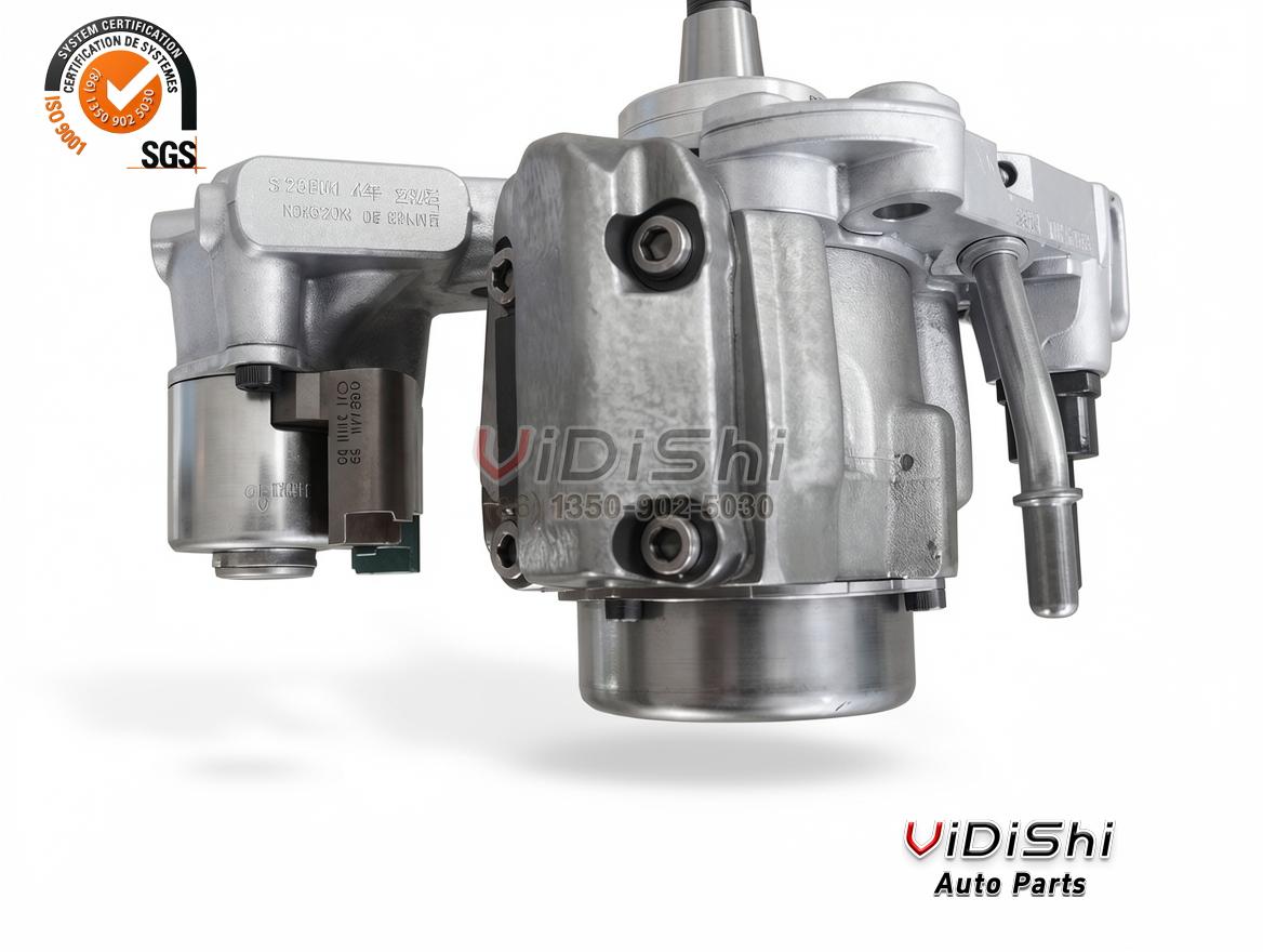 common rail fuel pump on a machined lower boss, cast lettering and a boxed date code on the upper pad, delivery pipe at top