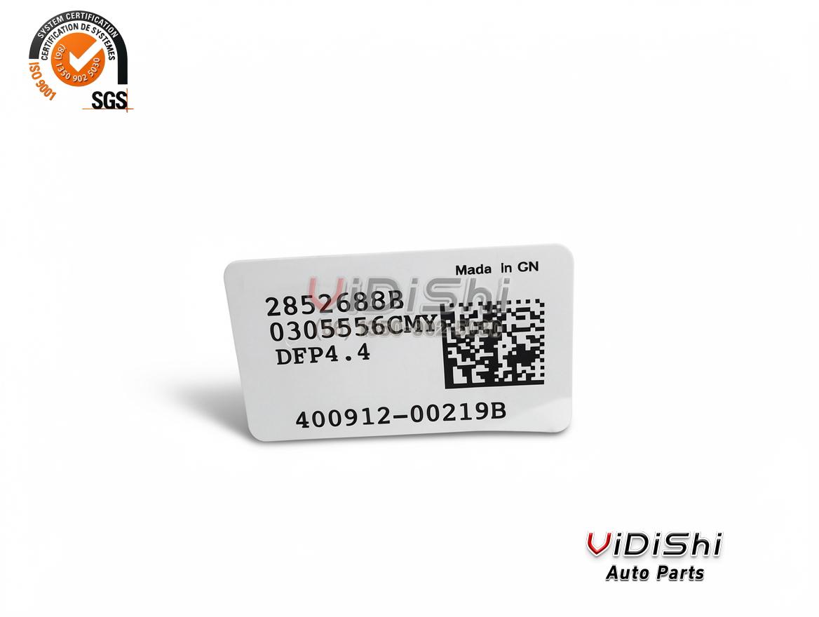 49001200219B Common Rail Fuel Pump for Doosan D18 and D24 3 white identification label printed 400912-00219B with 2852 688B, 030556CY, DFP4.4, a scan code and Made in CN