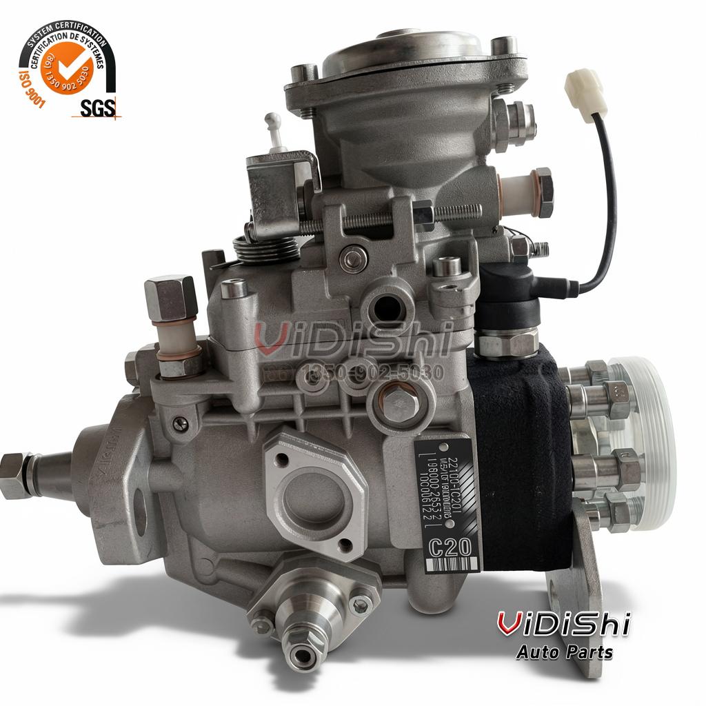 221001C201 distributor injection pump, three-quarter view of the cast body with its black data plate and clear outlet cap