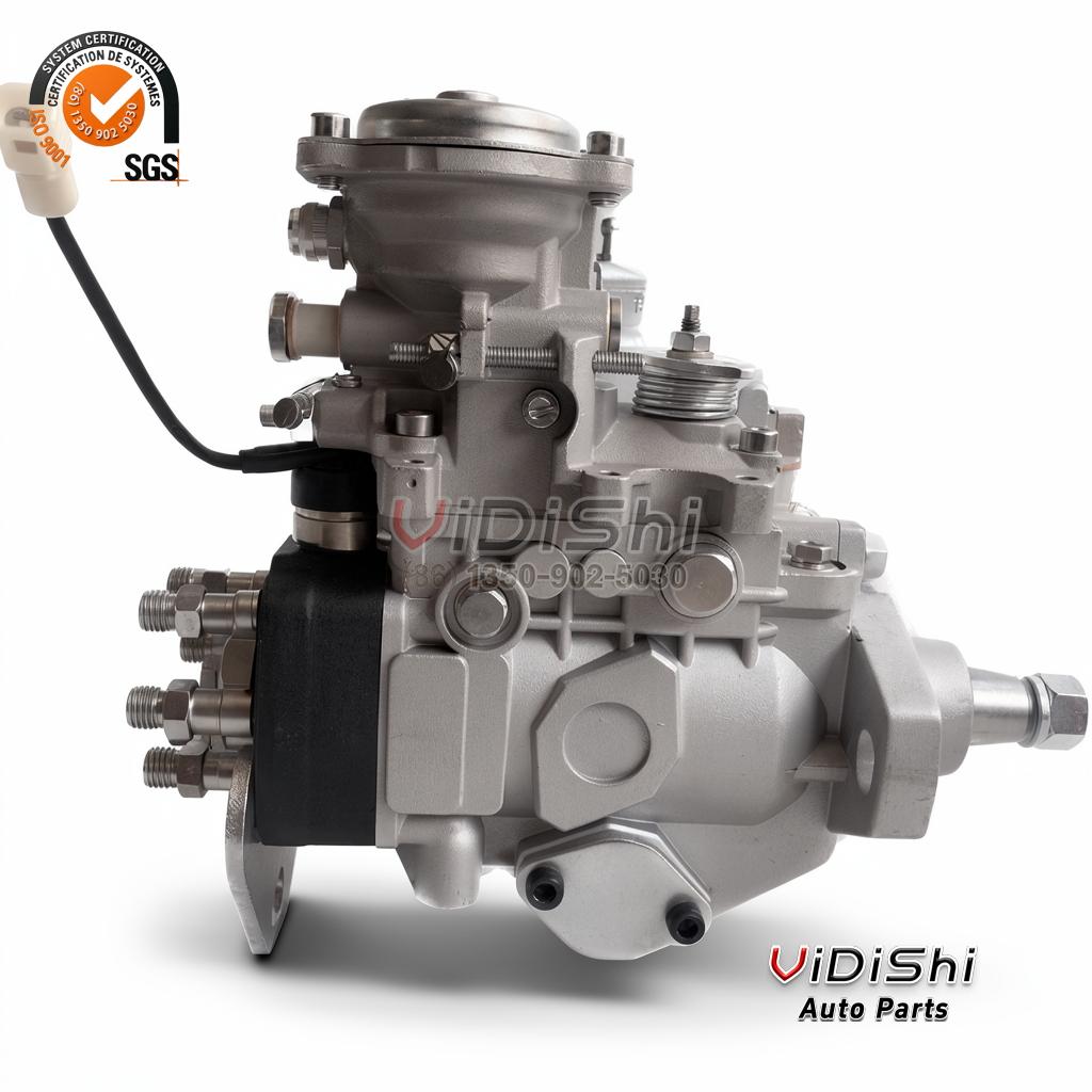 221001C201 Denso VE6 Distributor Diesel Injection Pump for Toyota 1HZ 3 221001C201 outlet side, three capped delivery outlets on a black backing plate and a round top cover