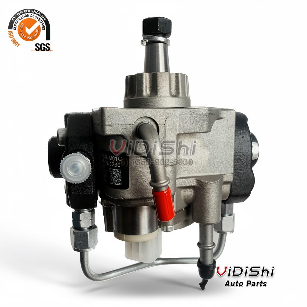 2940000530 high pressure fuel pump at a three-quarter angle, black data plate on the near flank, capped ports below
