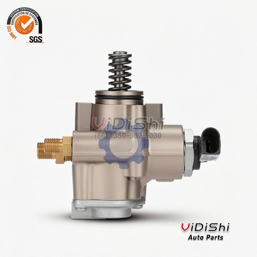 079127026C Right High Pressure Fuel Pump for Audi VW 4.2 V8 2 079127026C pump from the plunger end, coil spring above a bronze-toned bore, black connector right, brass port left