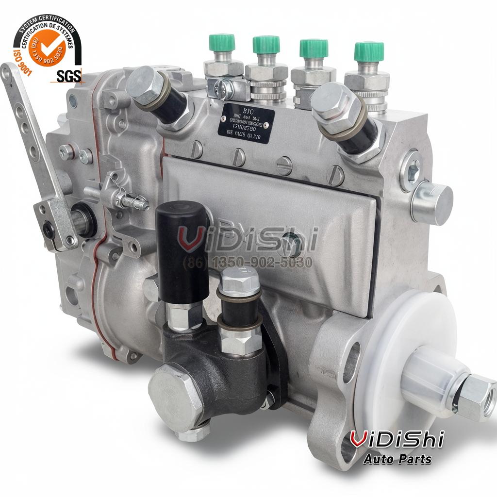 10400874005 injection pump at a three-quarter angle, black maker data plate on the near flank, four green caps on top