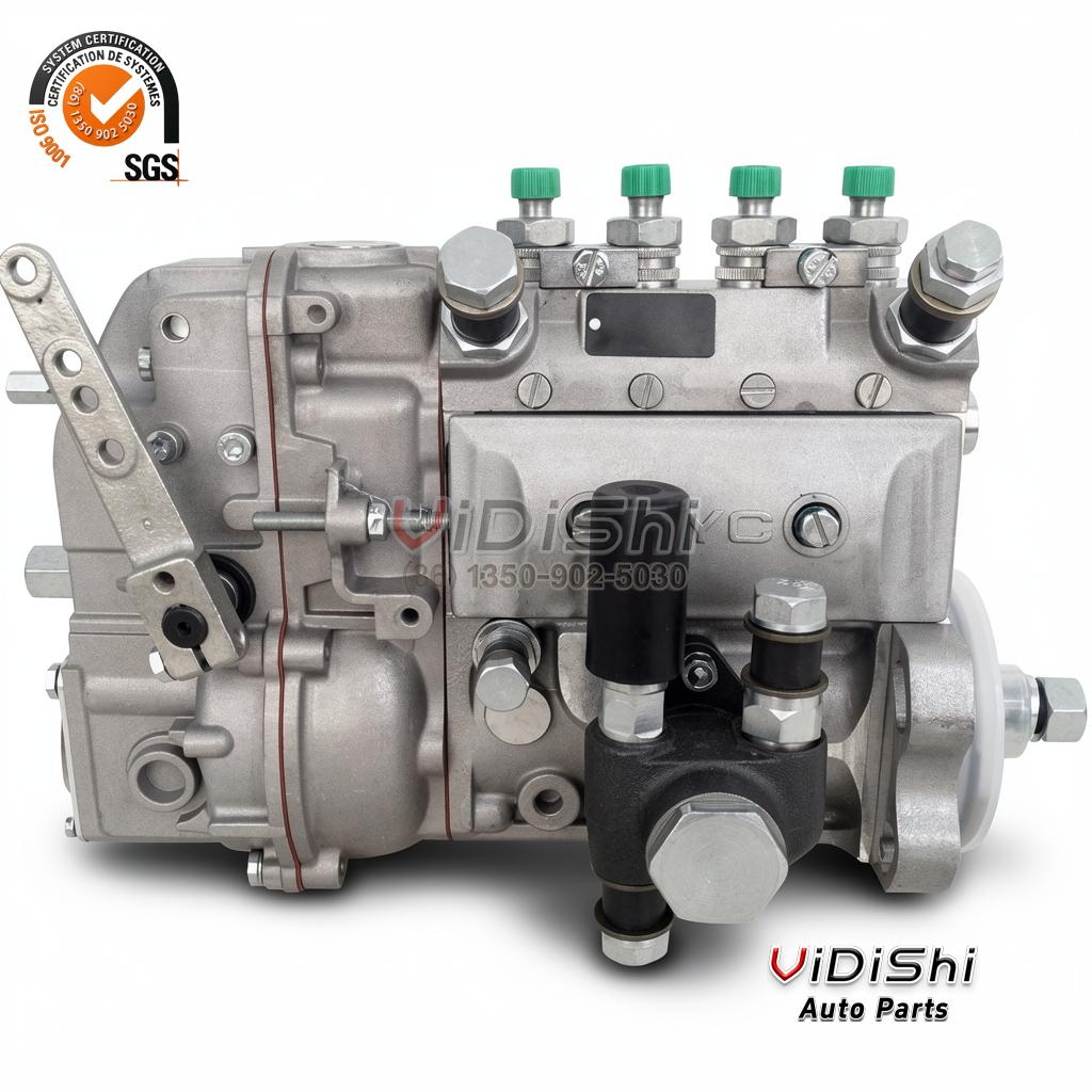 10400874005 Mechanical Fuel Injection Pump for F4L912 Diesel 4 10400874005 pump side elevation, drilled steel mounting bracket, black valve block with two silver hex caps below