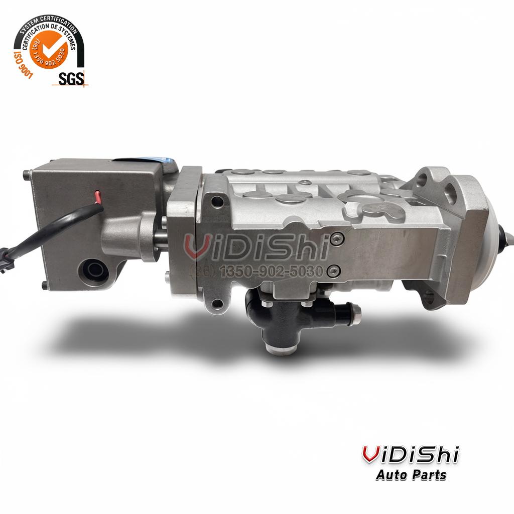 10403716114 inline fuel injection pump, side view with the black actuator housing at the left and the drive end at the right