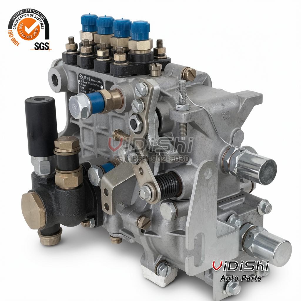 4QT72ZH1 BQ2000 Inline Fuel Injection Pump for 490 Diesel 2 4QT72ZH1 pump from the governor side, data plate left, blue capped delivery valves above, linkage and spring right