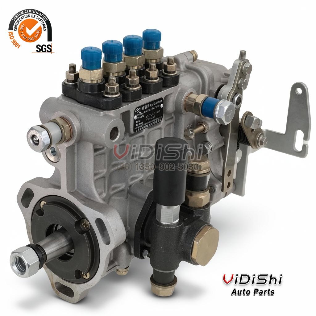 4QT72ZH1 BQ2000 Inline Fuel Injection Pump for 490 Diesel 4 4QT72ZH1 pump idler end, circular black flange with a keyed stub shaft, blue capped delivery valves above