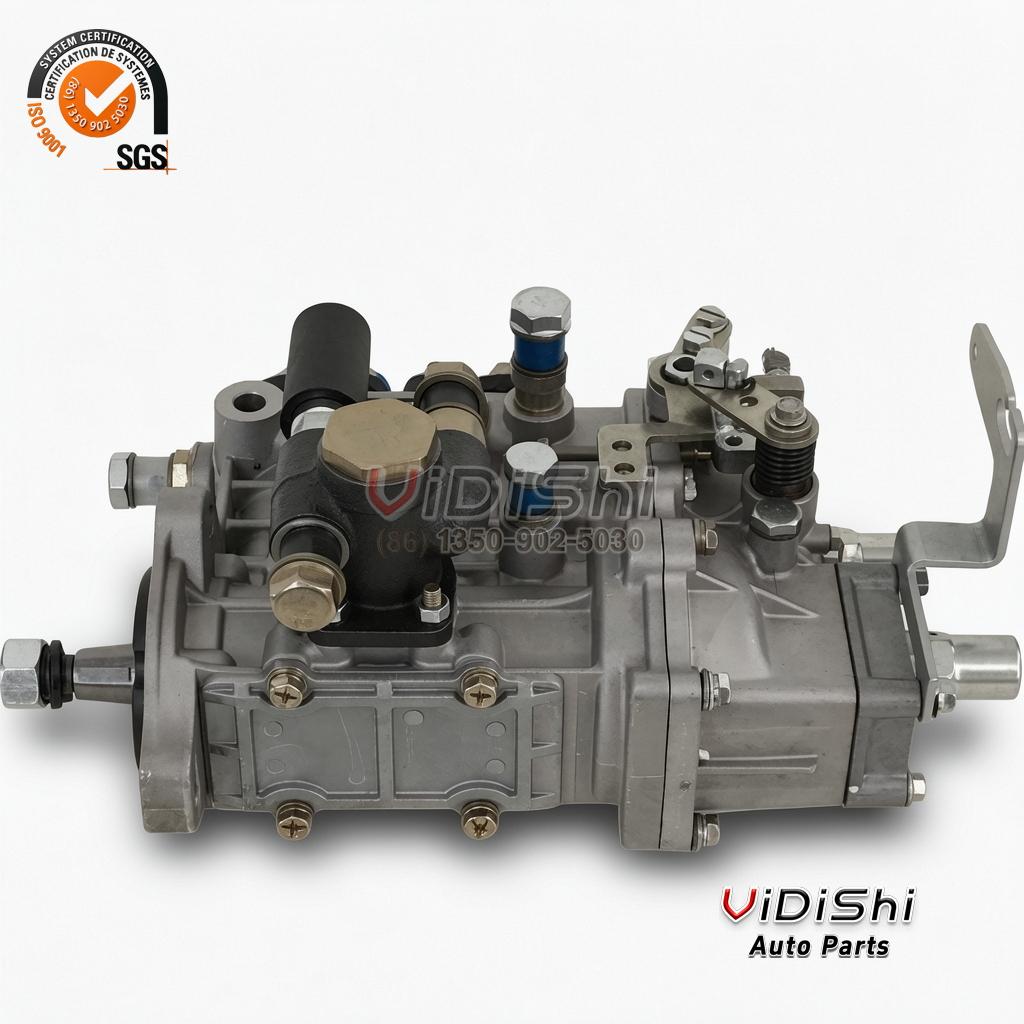 4QT72ZH1 BQ2000 Inline Fuel Injection Pump for 490 Diesel 5 4QT72ZH1 pump from above, black stop solenoid with brass plugs on top, coiled governor spring and linkage beside it