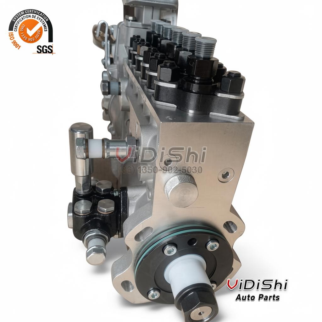 BH6P120R inline fuel injection pump, three-quarter view with six black delivery valve holders along the top rail