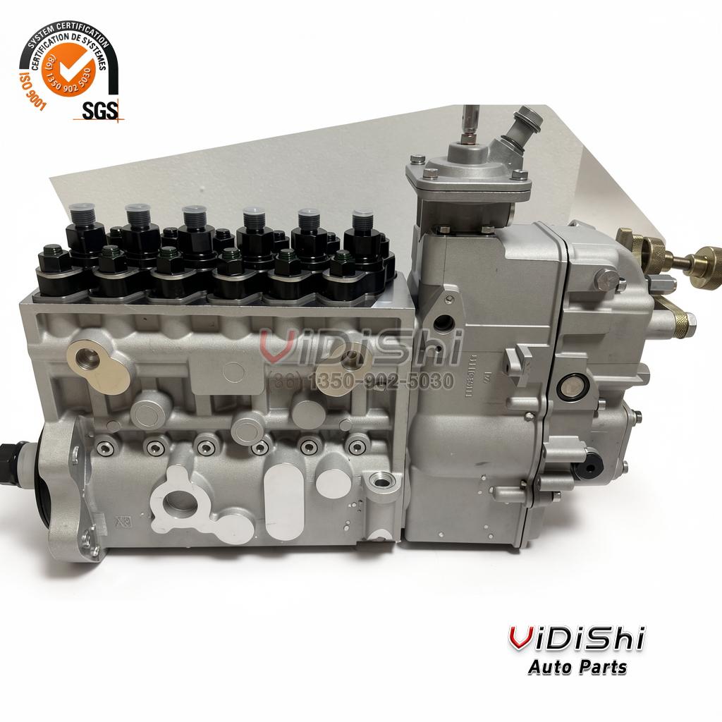 BH6P120R Inline Fuel Injection Pump for WP10 Diesel 2 BH6P120R delivery valve end, six black holders with threaded caps and slotted clamp rings on the cast head