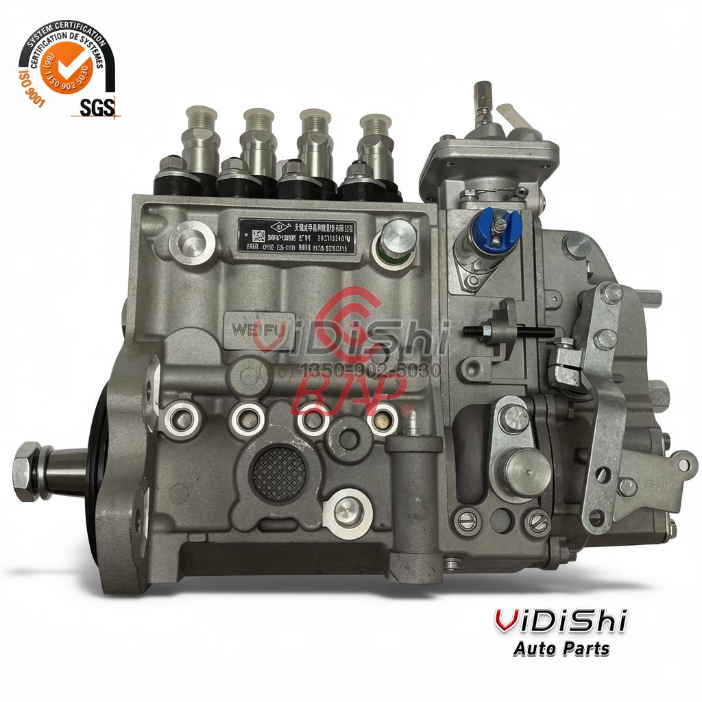 BHF4P120005 Inline Fuel Injection Pump for 4BT3.9 Engines 2 BHF4P120005 pump flank with the black specification plate, a square code, four delivery valve holders and a blue capped port