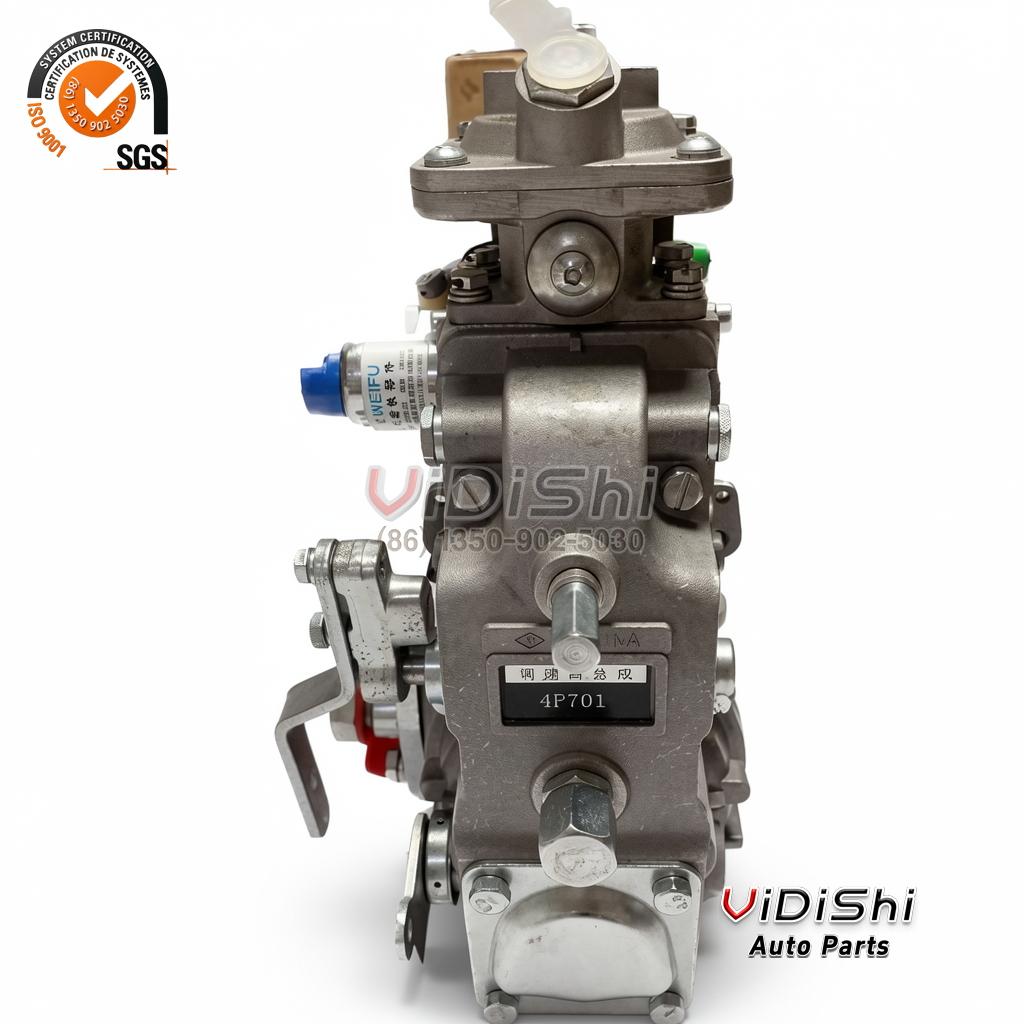 BHF4P120005 Inline Fuel Injection Pump for 4BT3.9 Engines 4 BHF4P120005 four-cylinder inline fuel injection pump stood on its drive shaft, governor housing and 4P701 plate on top
