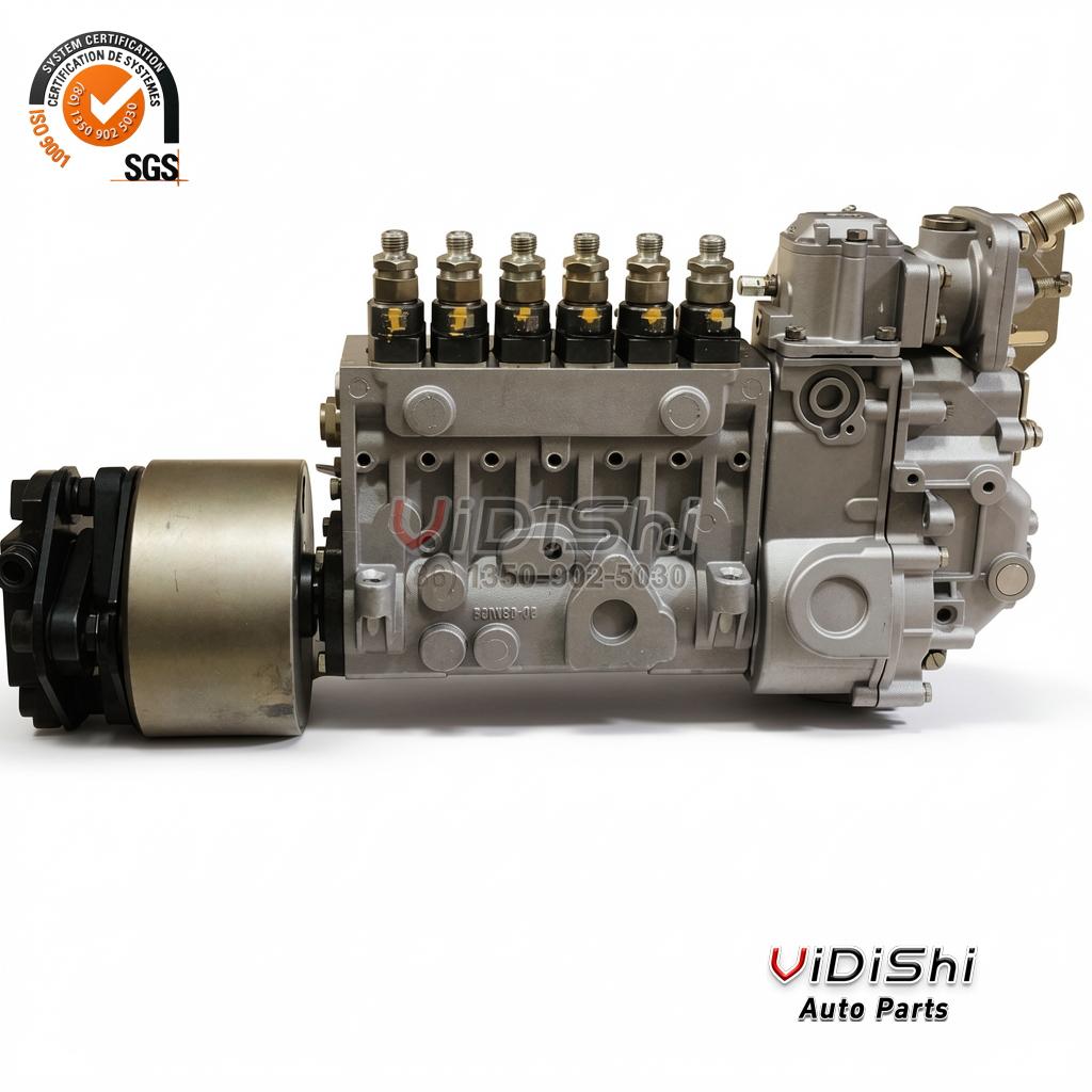 BHT6PA110 inline fuel injection pump, flank view with six delivery valves on top and a bronze roller tappet at the left