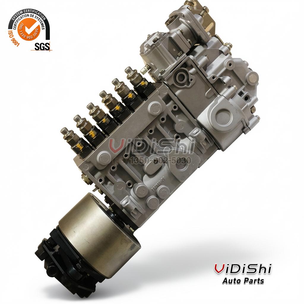 BHT6PA110 Inline Fuel Injection Pump for Dachai 6DE2 Diesel BP11C8 2 BHT6PA110 inline fuel injection pump at an oblique angle, looking down the row of six delivery valves toward the tappet end